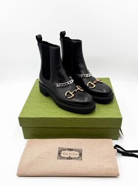 Gucci Deva Horsebit Chain Ankle Boots Combat Black Leather EU 41 US 11